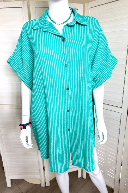 Turquoise Linen Striped Overshirt