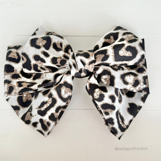 White Leopard Hair Clip Bow